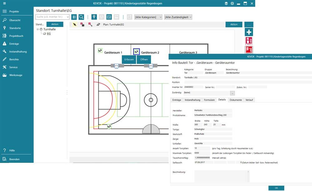 Screenshot der Dokumentationssoftware KEVOX um Bauteile in einer Sporthalle zu kontrollieren und zu dokumentieren