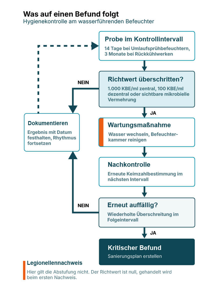 Ablaufdiagramm: Bei einmaliger Richtwertüberschreitung folgt eine Wartungsmaßnahme mit Nachkontrolle, bei Wiederholung ein kritischer Befund